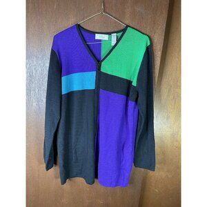 Lord & Taylor Merino Wool Cardigan Sweater Women V-Neck Purple Green Mod Hong